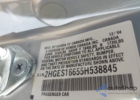 2005 Honda Civic Lx z USA, uszkodzony, nr VIN 2HGES16655H538845